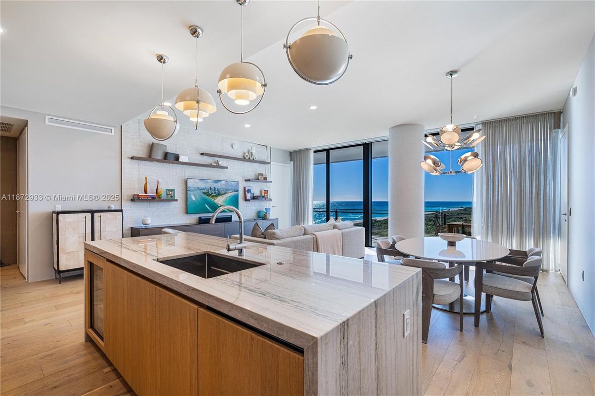 Dining room, Interior, Kitchen, Pendant Lights, Recessed Lighting, Water, Wood Texture Flooring