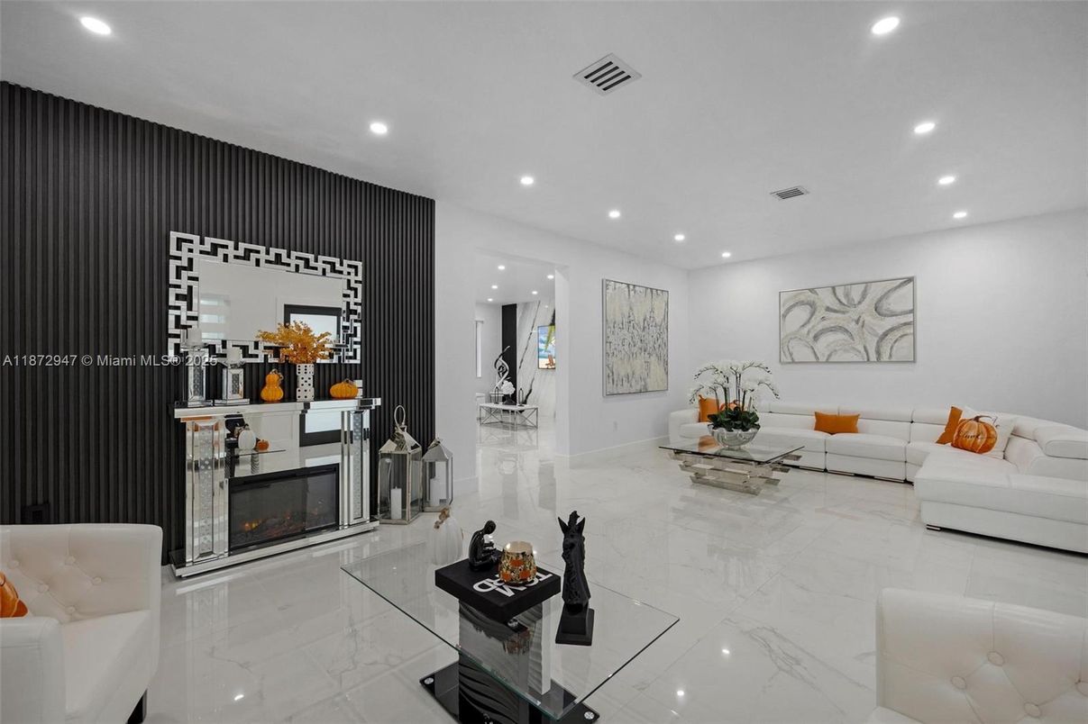 Fireplace, Interior, Living room, Marble, Recessed Lighting