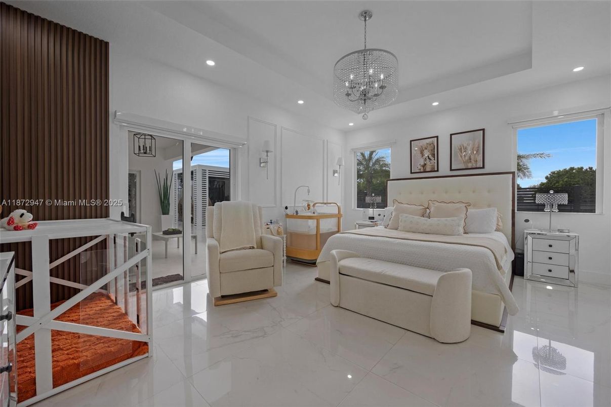 Bedroom, Chandelier, Interior, Marble, Recessed Lighting