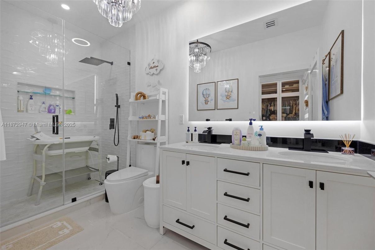 Bathroom, Dual Sink Vanities, Glass Shower, Interior, Recessed Lighting
