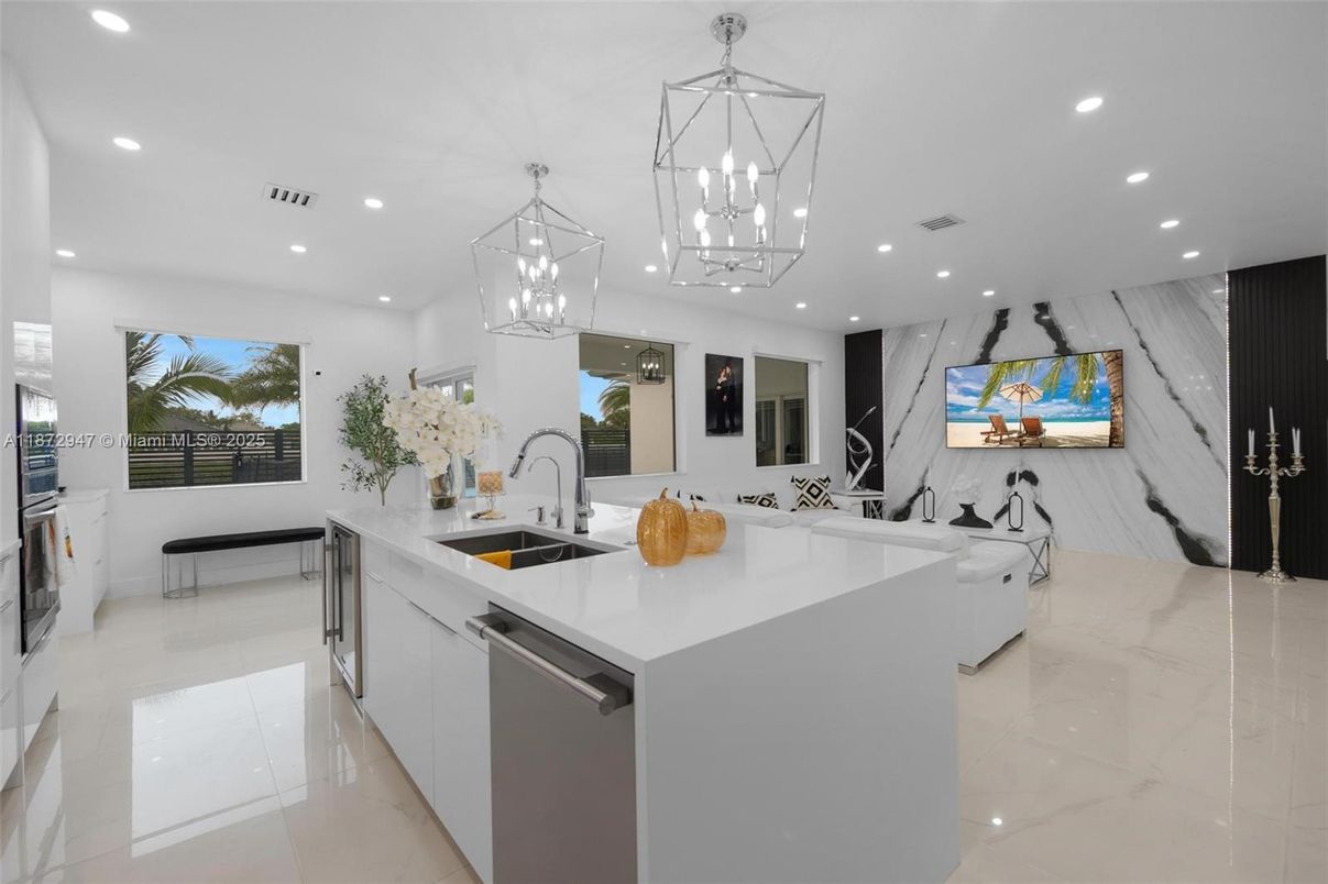 Interior, Kitchen, Marble, Pendant Lights, Recessed Lighting, Stainless Steel Appliances