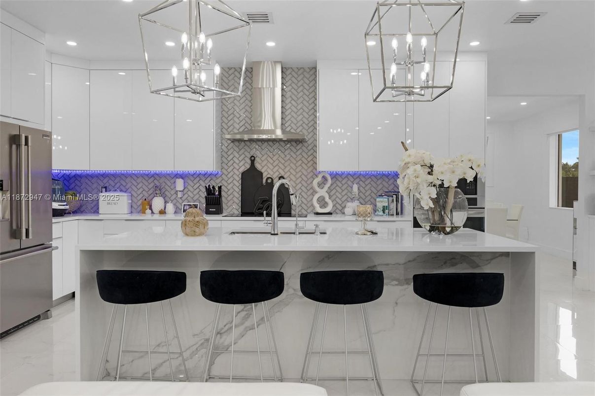 Interior, Kitchen, Marble, Pendant Lights, Recessed Lighting, Stainless Steel Appliances