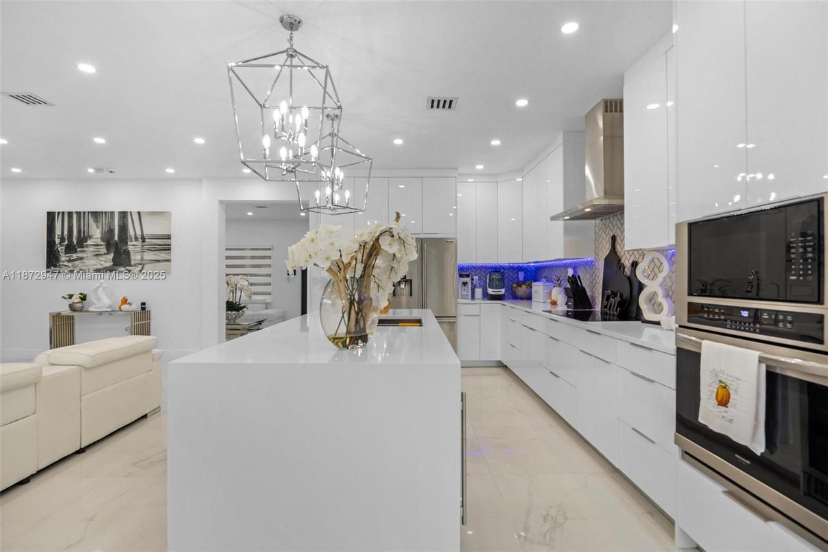 Interior, Kitchen, Marble, Pendant Lights, Recessed Lighting, Stainless Steel Appliances