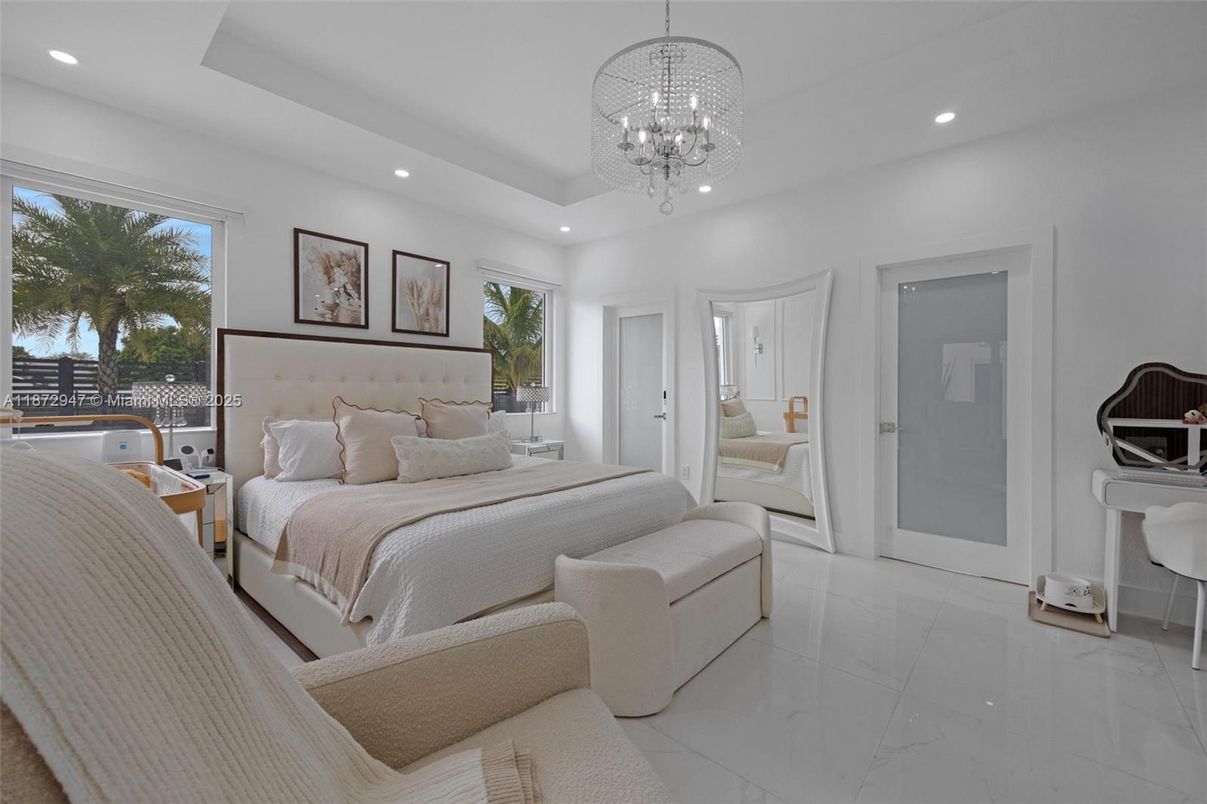 Bedroom, Chandelier, Interior, Marble, Recessed Lighting