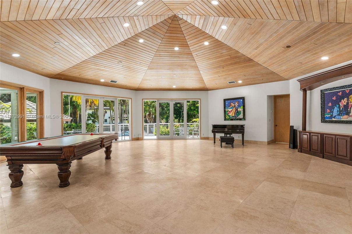 Billiard Table, Game Room, Interior, Piano, Recessed Lighting, Wooden Ceilings