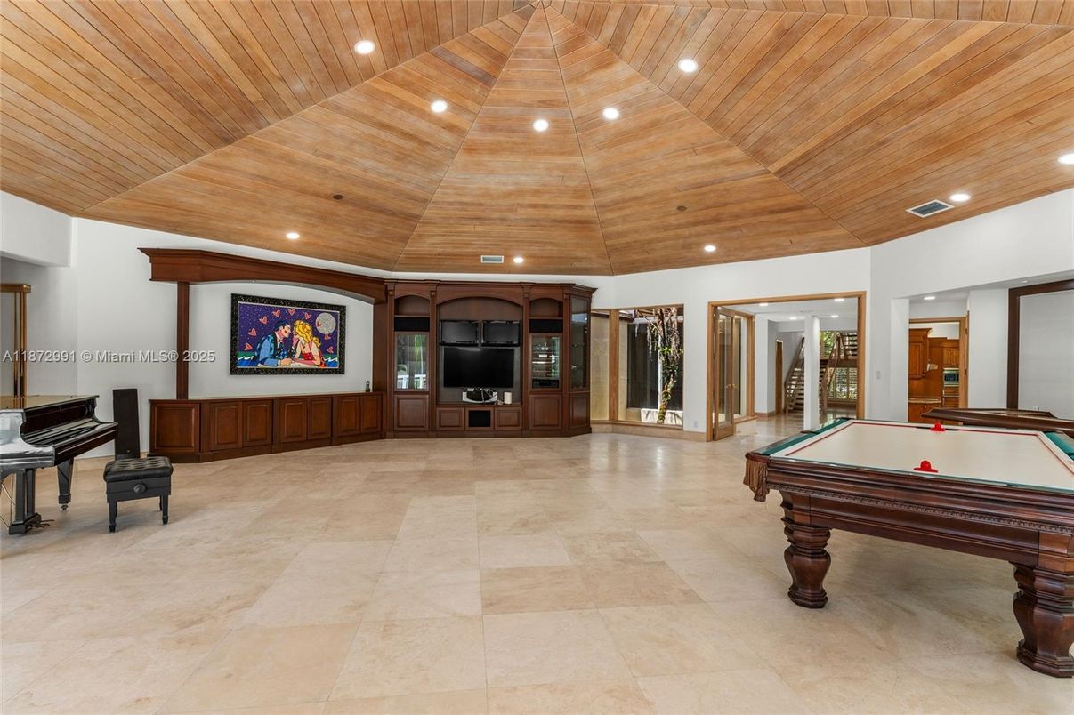 Billiard Table, Game Room, Interior, Piano, Recessed Lighting, Wooden Ceilings