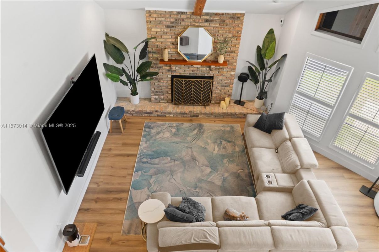 Fireplace, Interior, Living room, Stone Walls, Wood Texture Flooring