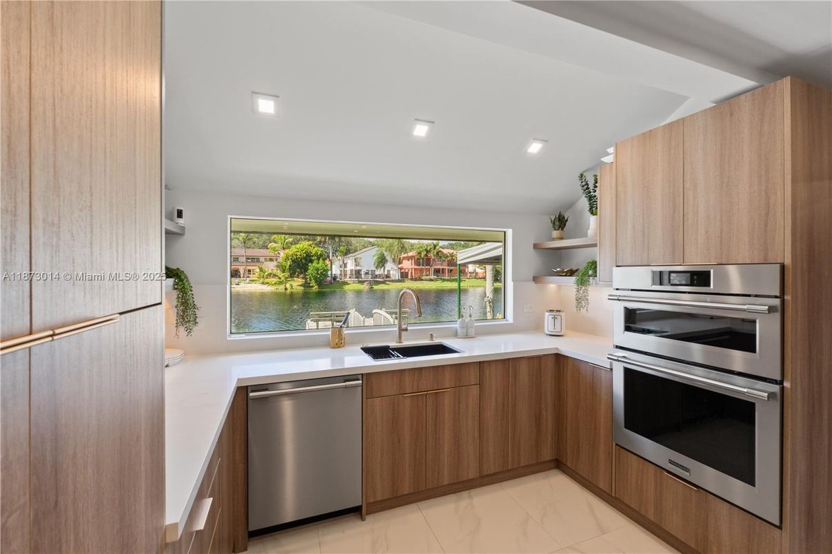 Interior, Kitchen, Marble, Recessed Lighting, Stainless Steel Appliances, Water