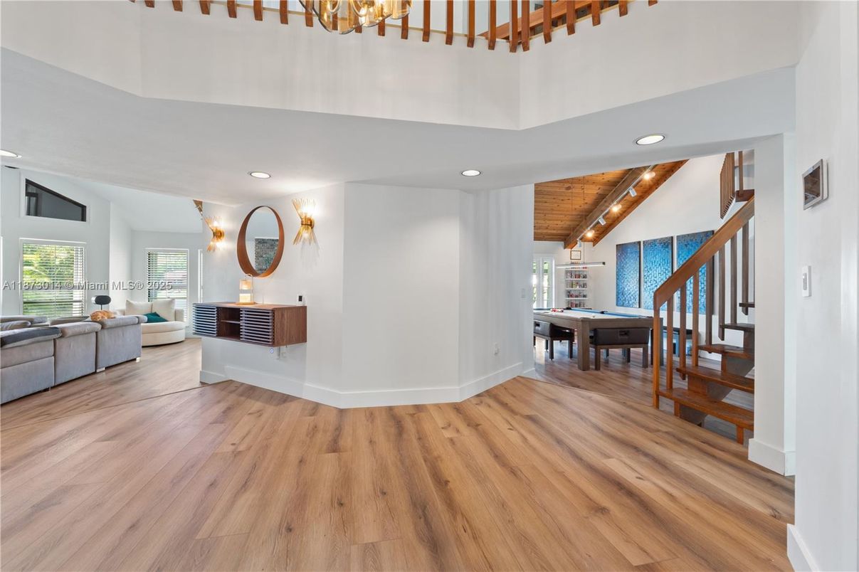 Billiard Table, Game Room, Interior, Living room, Recessed Lighting, Wooden Beams, Wooden Ceilings, Wood Texture Flooring