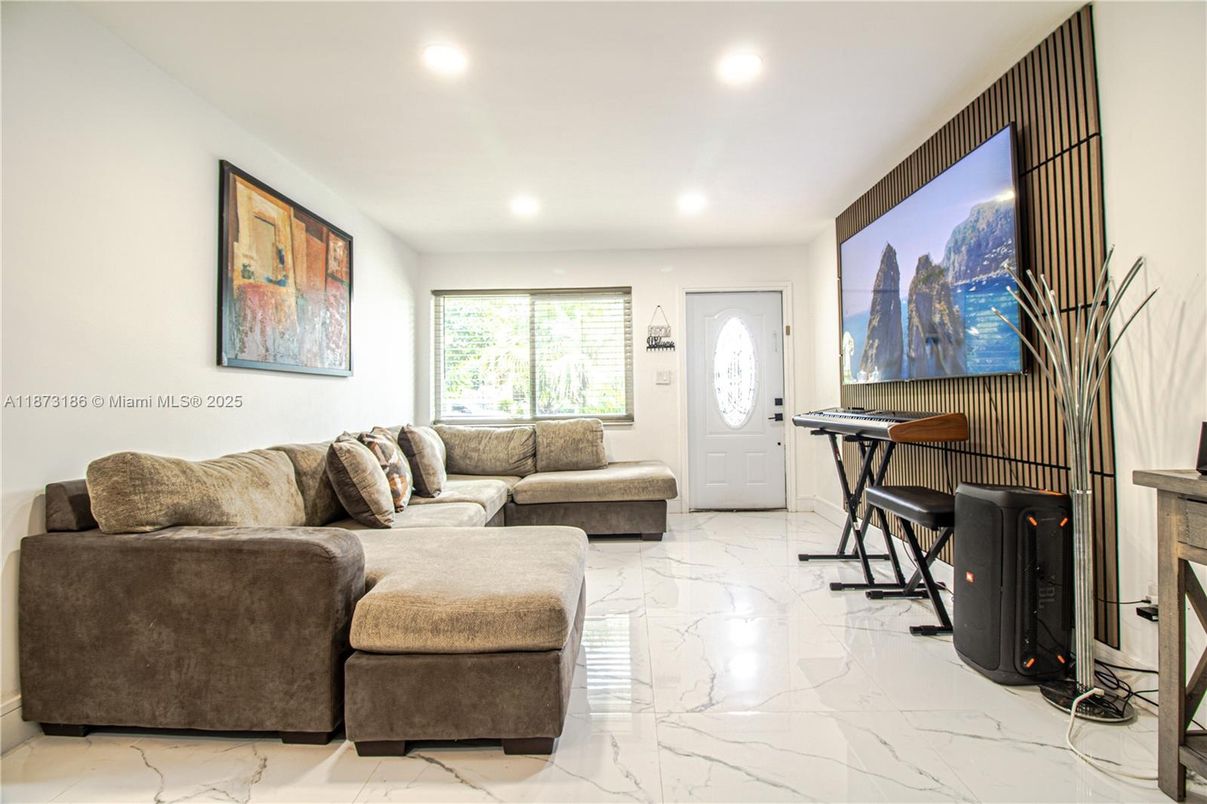 Fireplace, Interior, Living room, Marble, Recessed Lighting