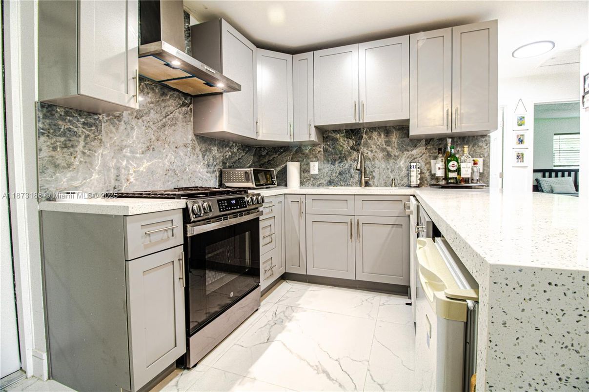 Interior, Kitchen, Marble, Recessed Lighting, Stainless Steel Appliances