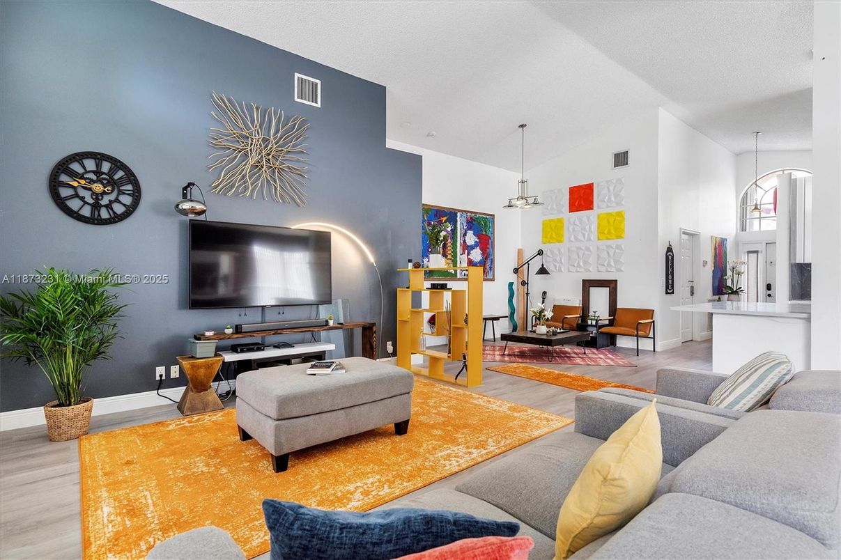 Interior, Living room, Pendant Lights, Wood Texture Flooring