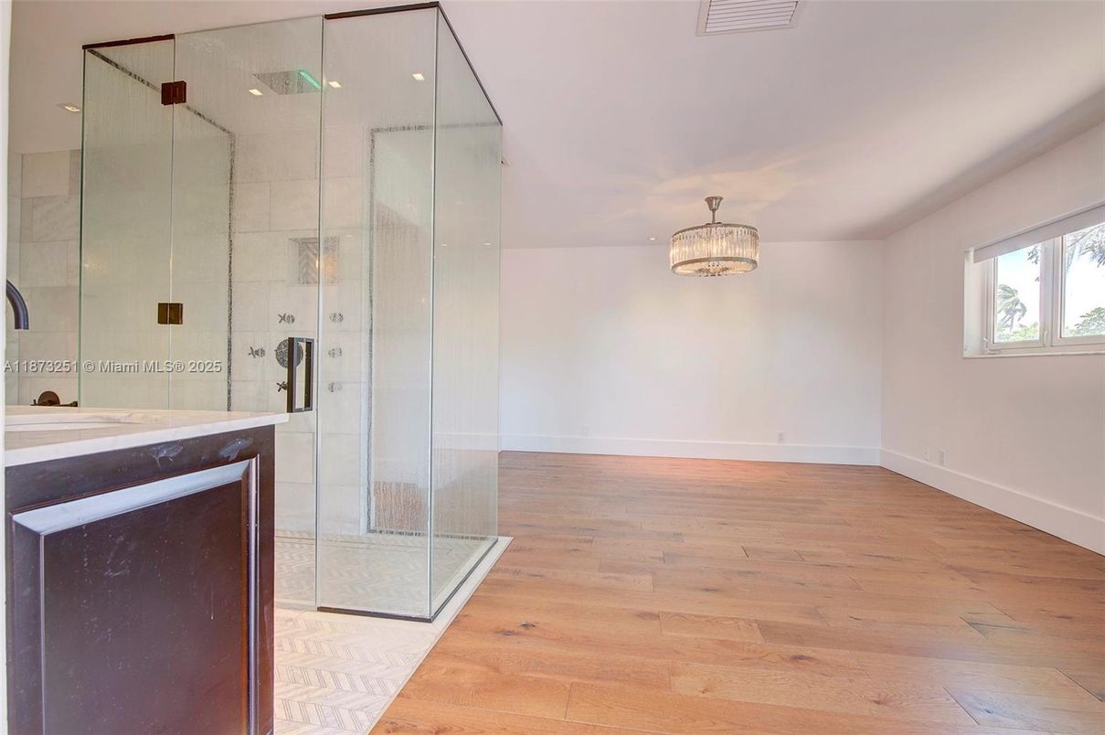 Bathroom, Empty room, Glass Shower, Interior, Wood Texture Flooring