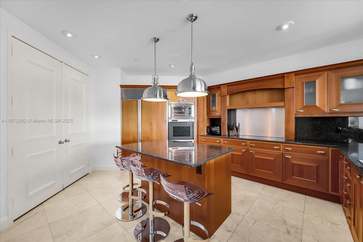 Interior, Kitchen, Marble, Pendant Lights, Recessed Lighting, Stainless Steel Appliances