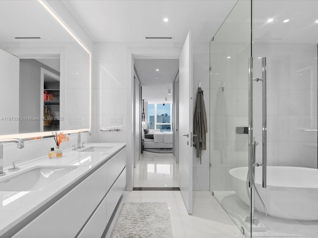Bathroom, Dual Sink Vanities, Glass Shower, Interior, Marble, Recessed Lighting