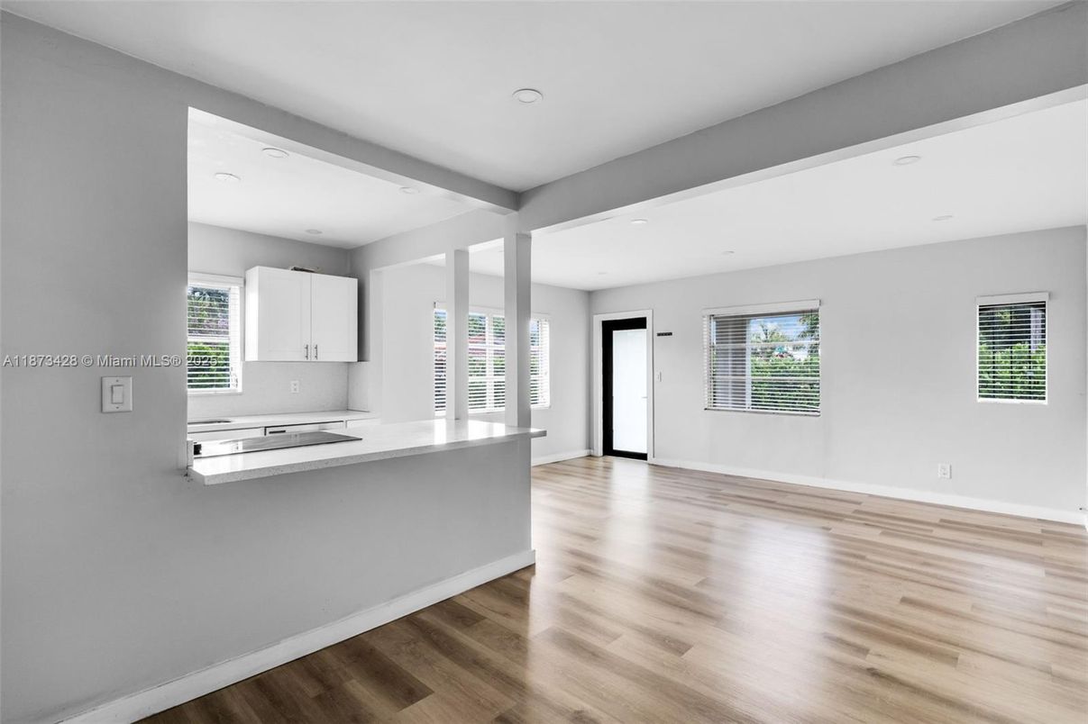 Empty room, Interior, Kitchen, Recessed Lighting, Wood Texture Flooring