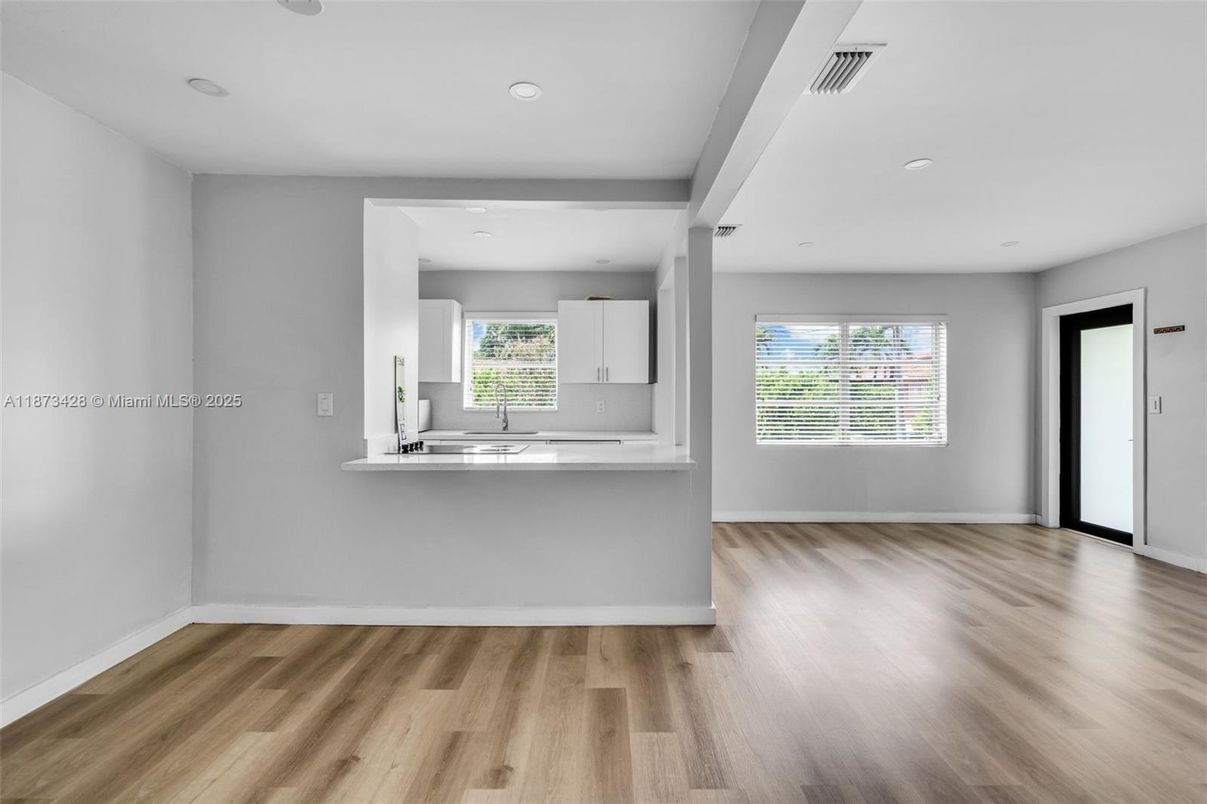 Empty room, Interior, Kitchen, Recessed Lighting, Wood Texture Flooring