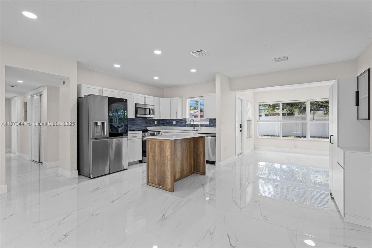 Interior, Kitchen, Marble, Recessed Lighting, Stainless Steel Appliances