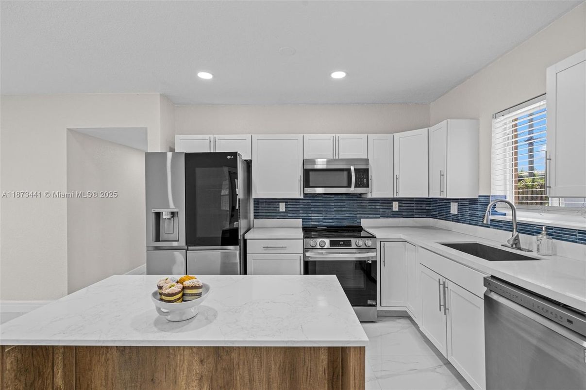 Interior, Kitchen, Marble, Recessed Lighting, Stainless Steel Appliances
