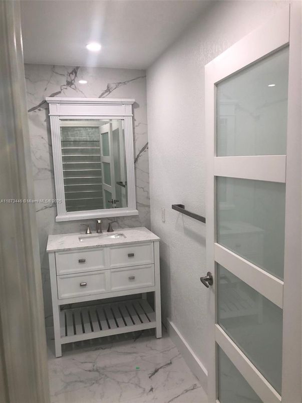 Bathroom, Glass Shower, Interior, Marble, Marble Walls, Recessed Lighting