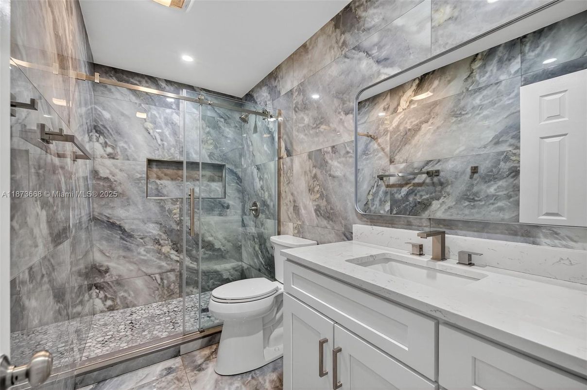 Bathroom, Glass Shower, Interior, Marble Walls, Recessed Lighting