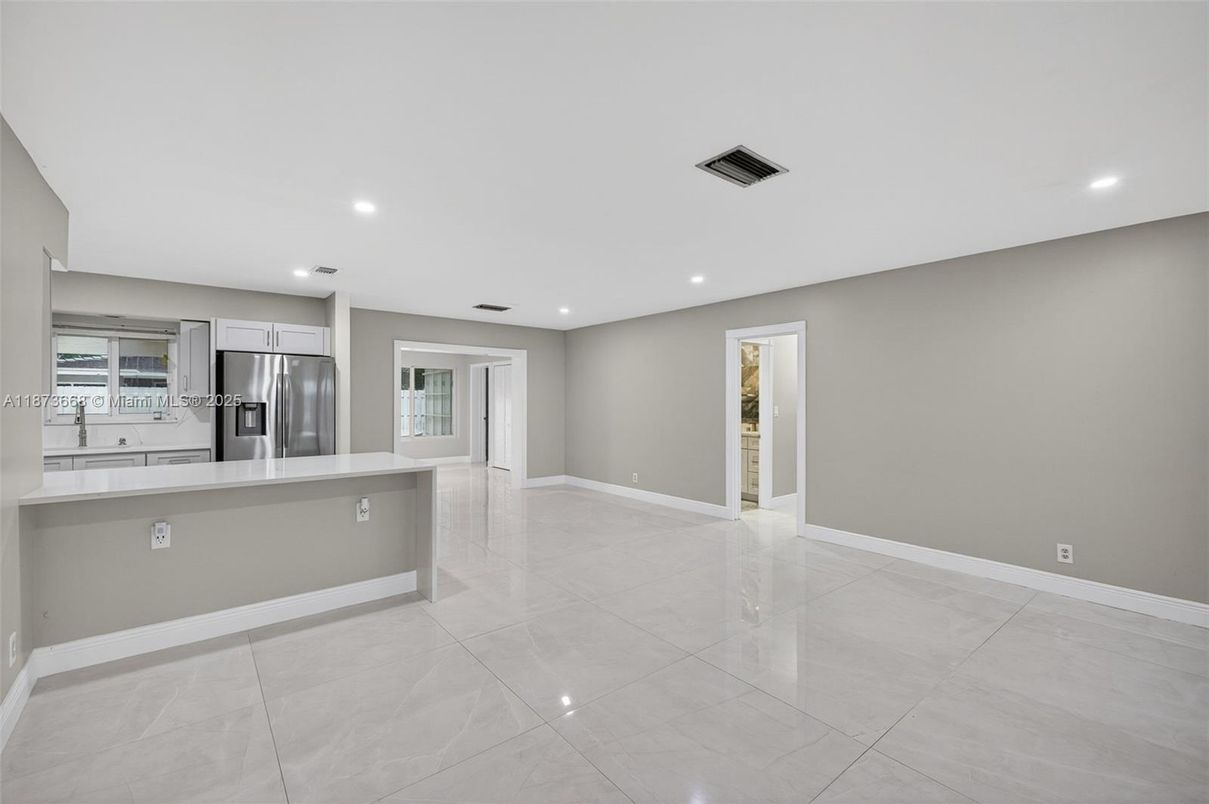 Empty room, Interior, Kitchen, Recessed Lighting, Stainless Steel Appliances
