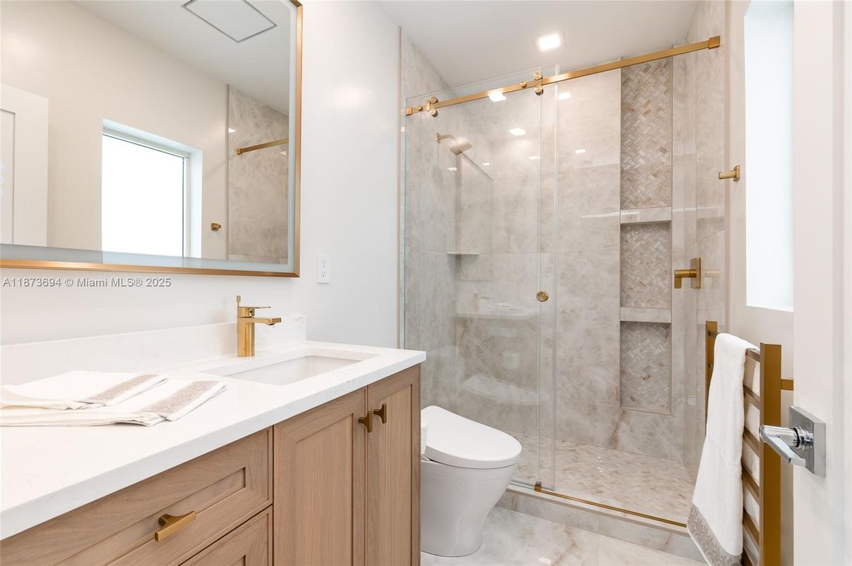 Bathroom, Glass Shower, Interior, Marble, Marble Walls, Recessed Lighting