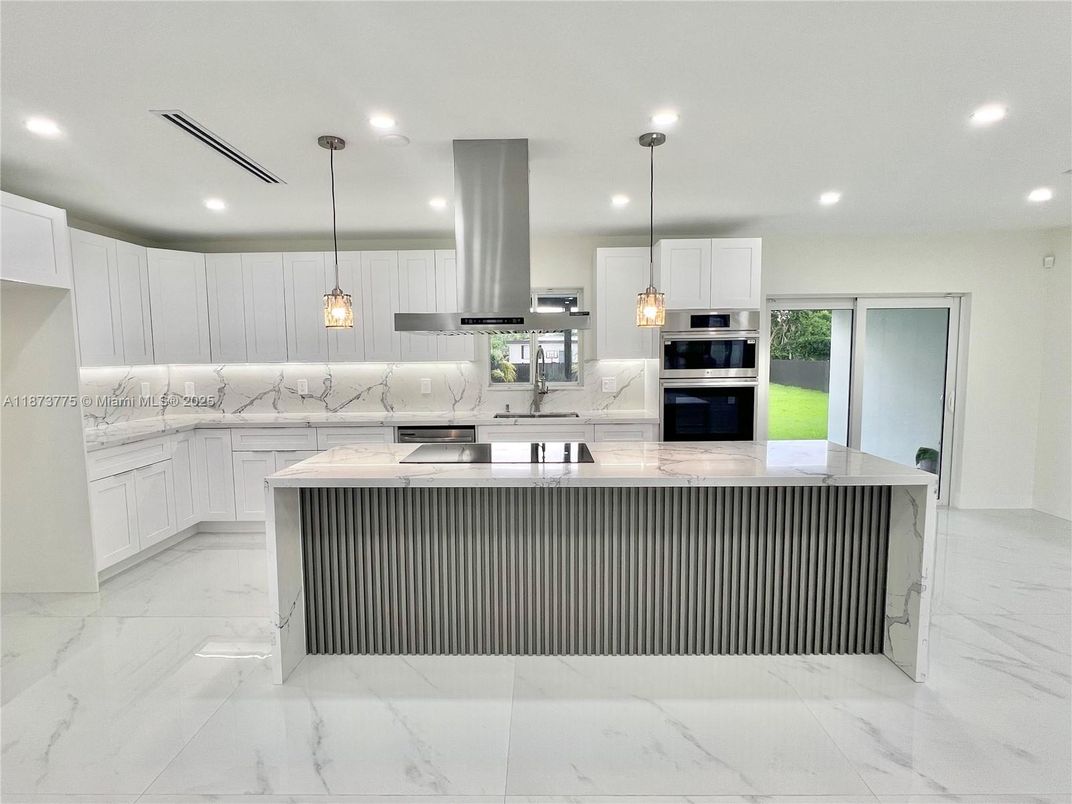Interior, Kitchen, Marble, Pendant Lights, Recessed Lighting, Stainless Steel Appliances