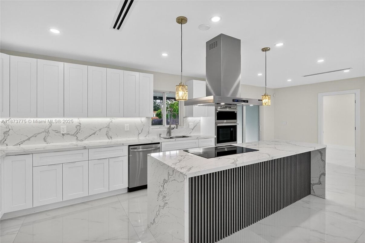 Interior, Kitchen, Marble, Pendant Lights, Recessed Lighting, Stainless Steel Appliances