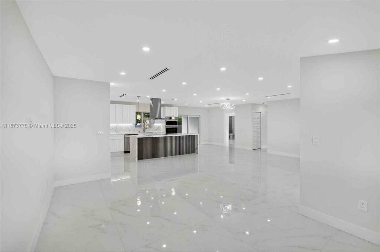 Interior, Kitchen, Marble, Pendant Lights, Recessed Lighting, Stainless Steel Appliances