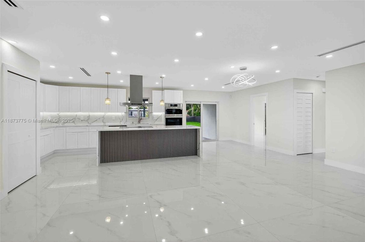 Interior, Kitchen, Marble, Pendant Lights, Recessed Lighting, Stainless Steel Appliances