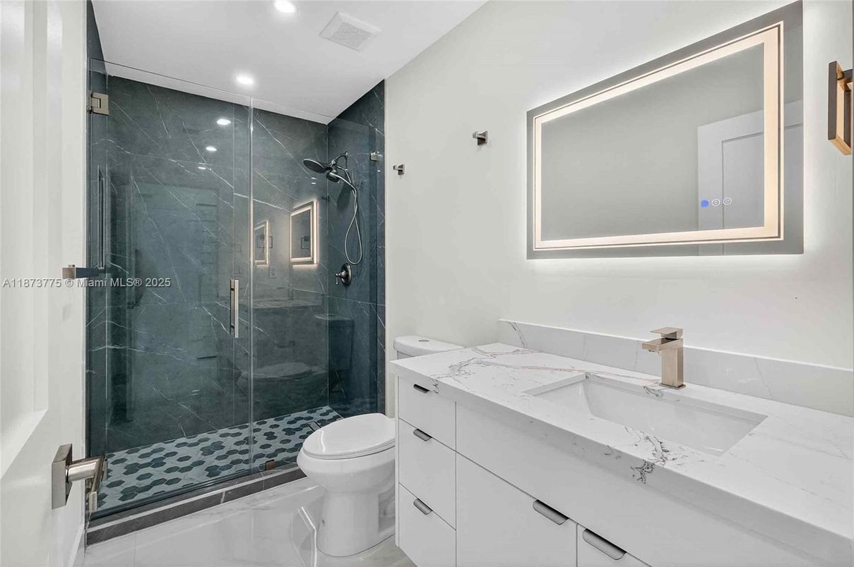 Bathroom, Glass Shower, Interior, Marble Walls, Recessed Lighting