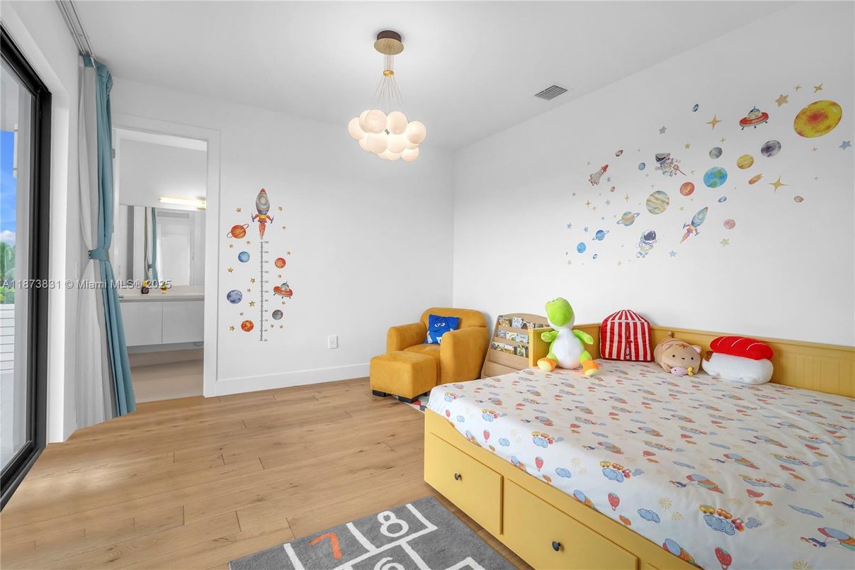 Bedroom, Interior, Pendant Lights, Wood Texture Flooring