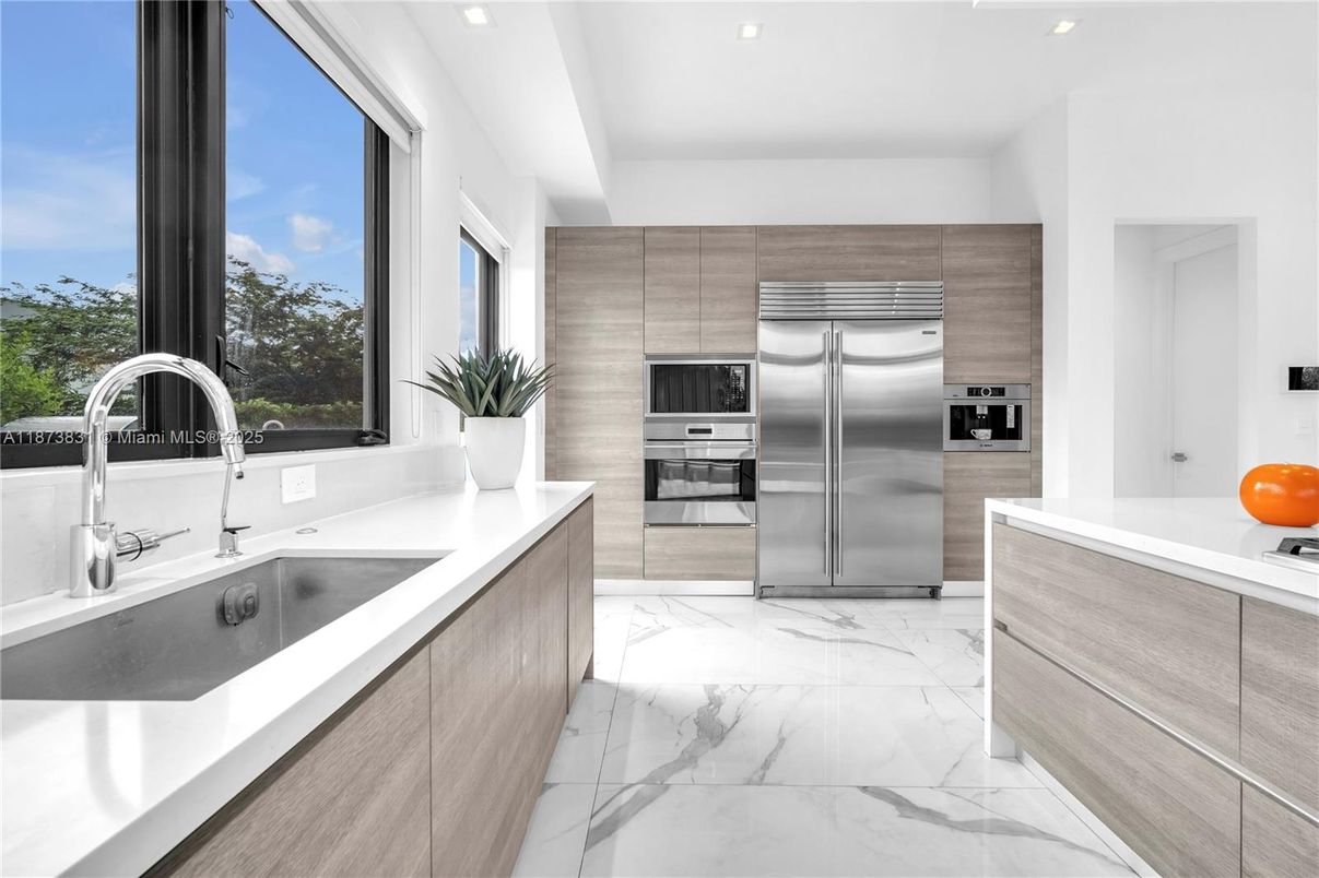 Interior, Kitchen, Marble, Recessed Lighting, Stainless Steel Appliances, Water