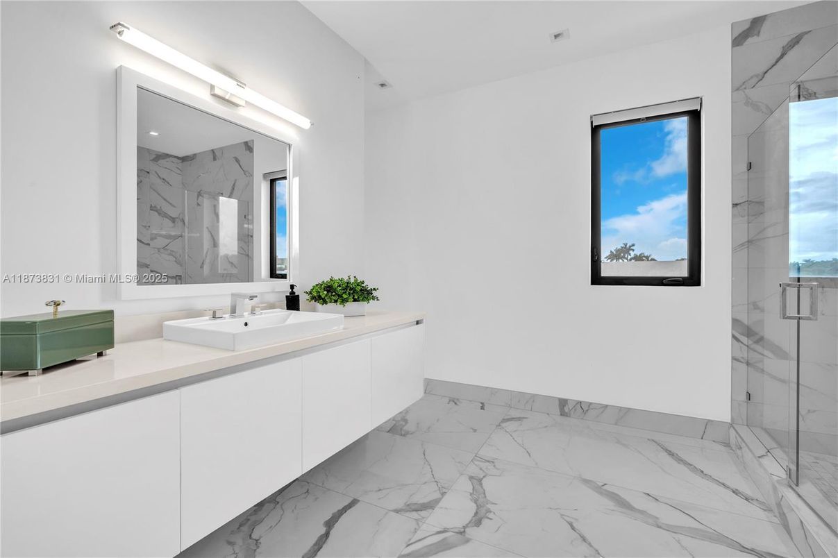 Bathroom, Dual Sink Vanities, Glass Shower, Interior, Marble, Marble Walls