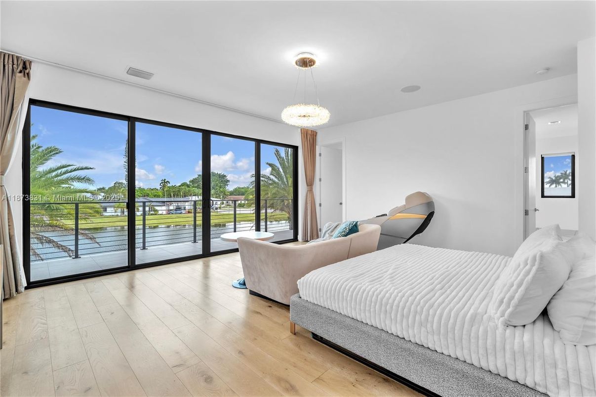 Bedroom, Chandelier, Interior, Water, Wood Texture Flooring