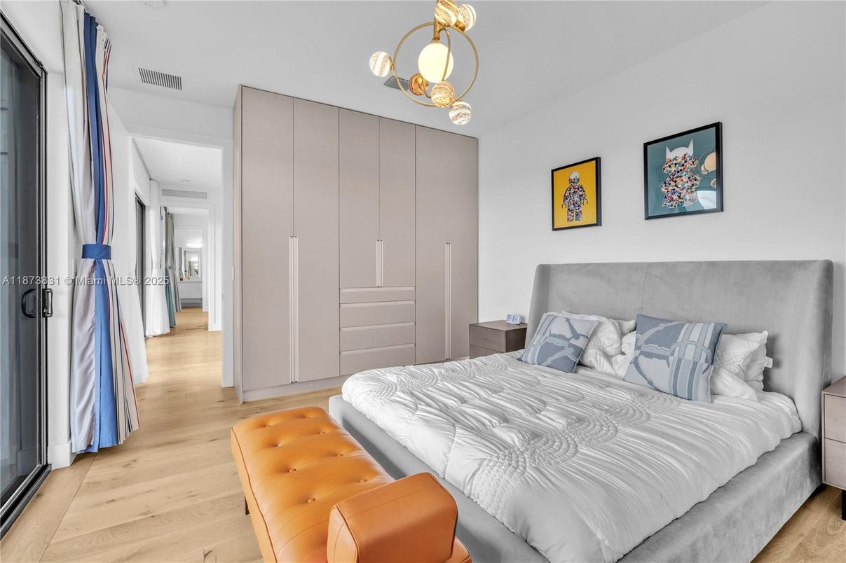 Bedroom, Interior, Pendant Lights, Wood Texture Flooring