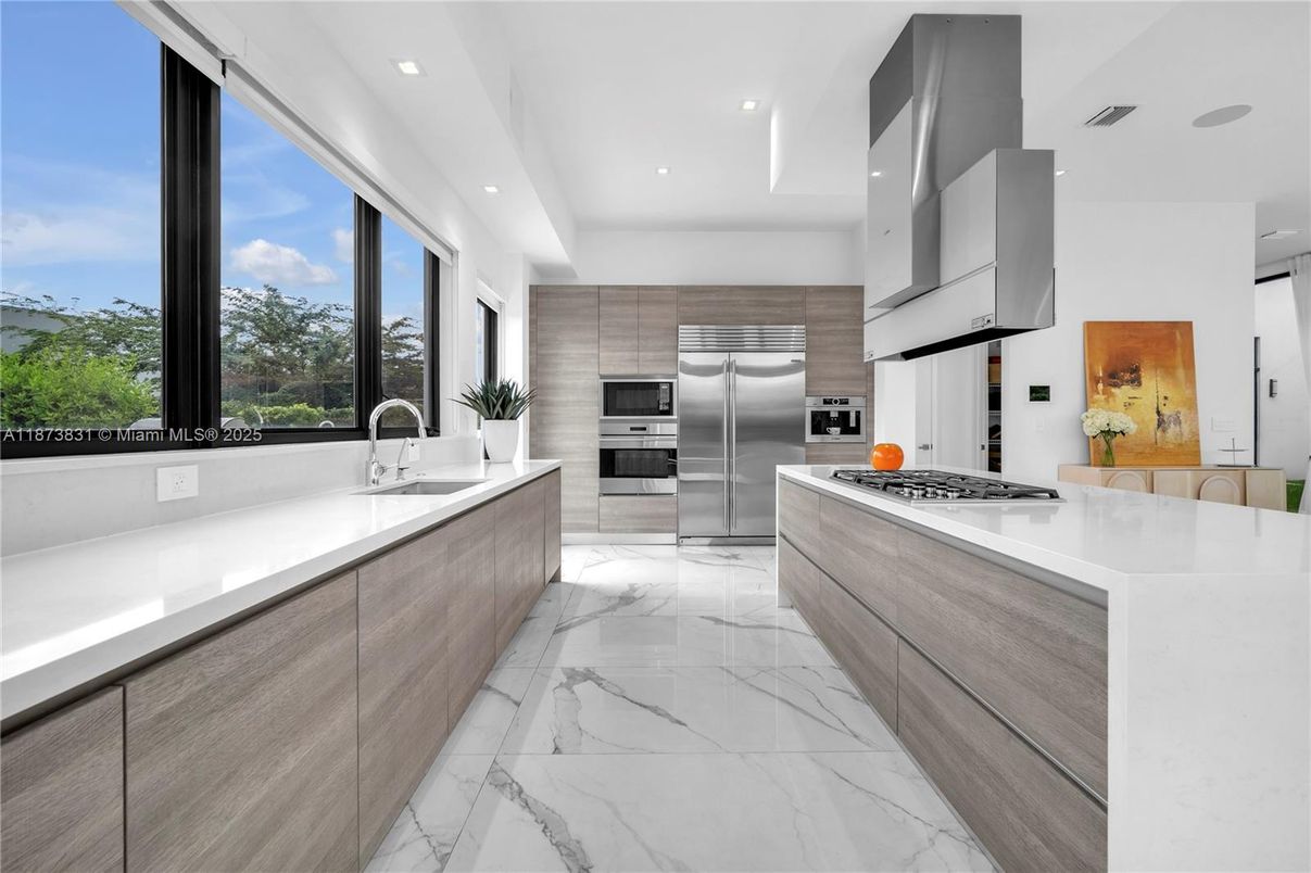 Interior, Kitchen, Marble, Recessed Lighting, Stainless Steel Appliances