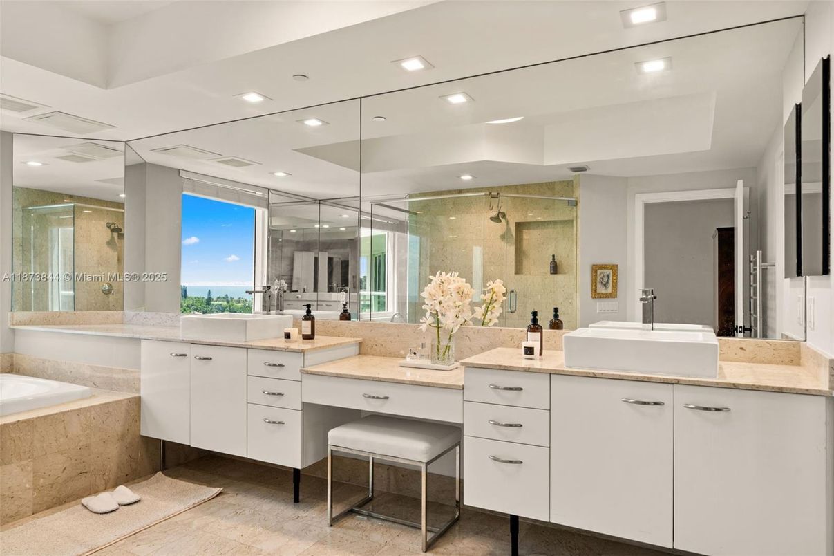 Bathroom, Dual Sink Vanities, Glass Shower, Interior, Recessed Lighting, Water