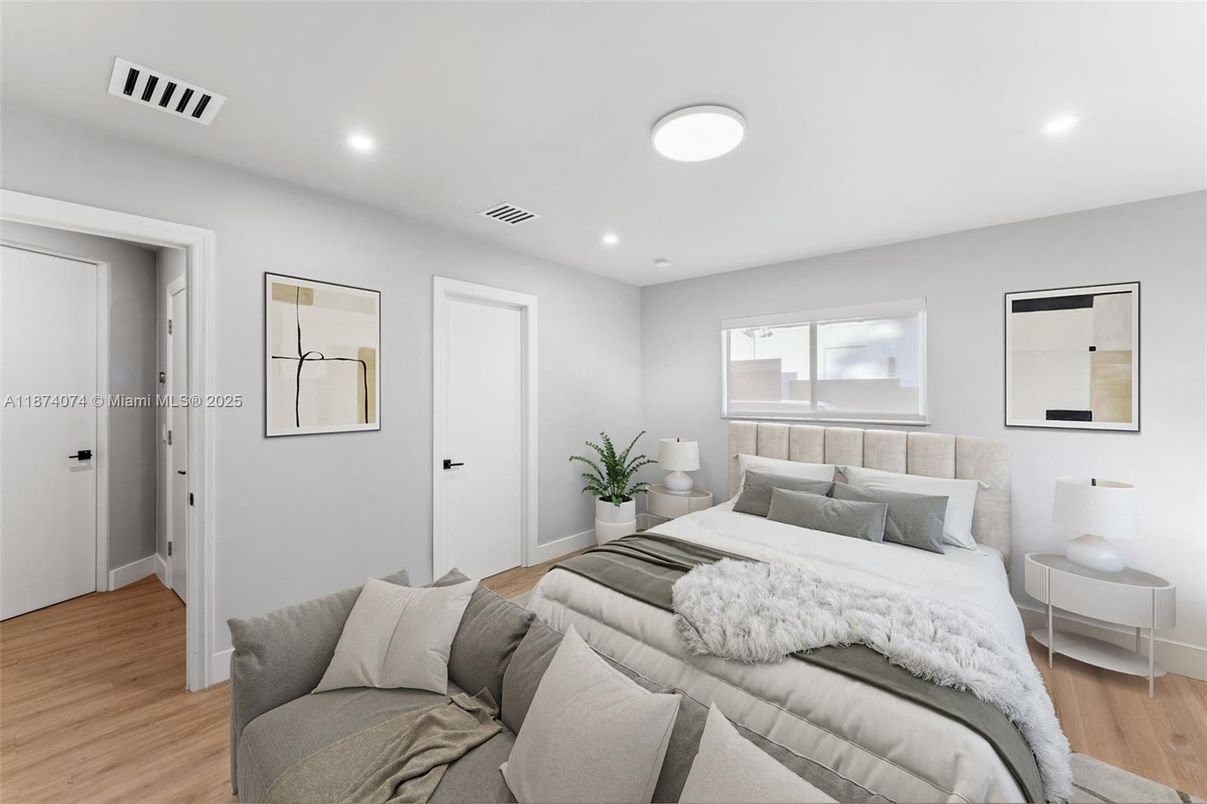 Bedroom, Interior, Recessed Lighting, Wood Texture Flooring