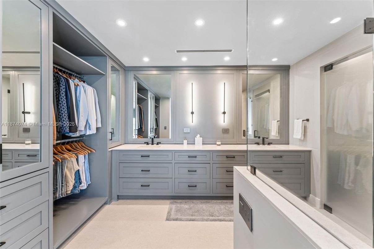 Bathroom, Dual Sink Vanities, Interior, Recessed Lighting, Walk-in Closets