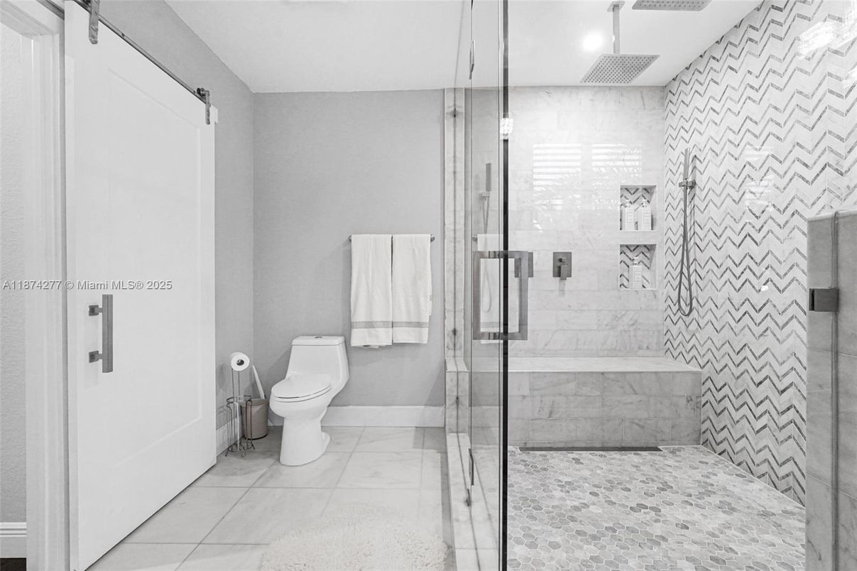 Bathroom, Glass Shower, Interior, Marble Walls, Recessed Lighting