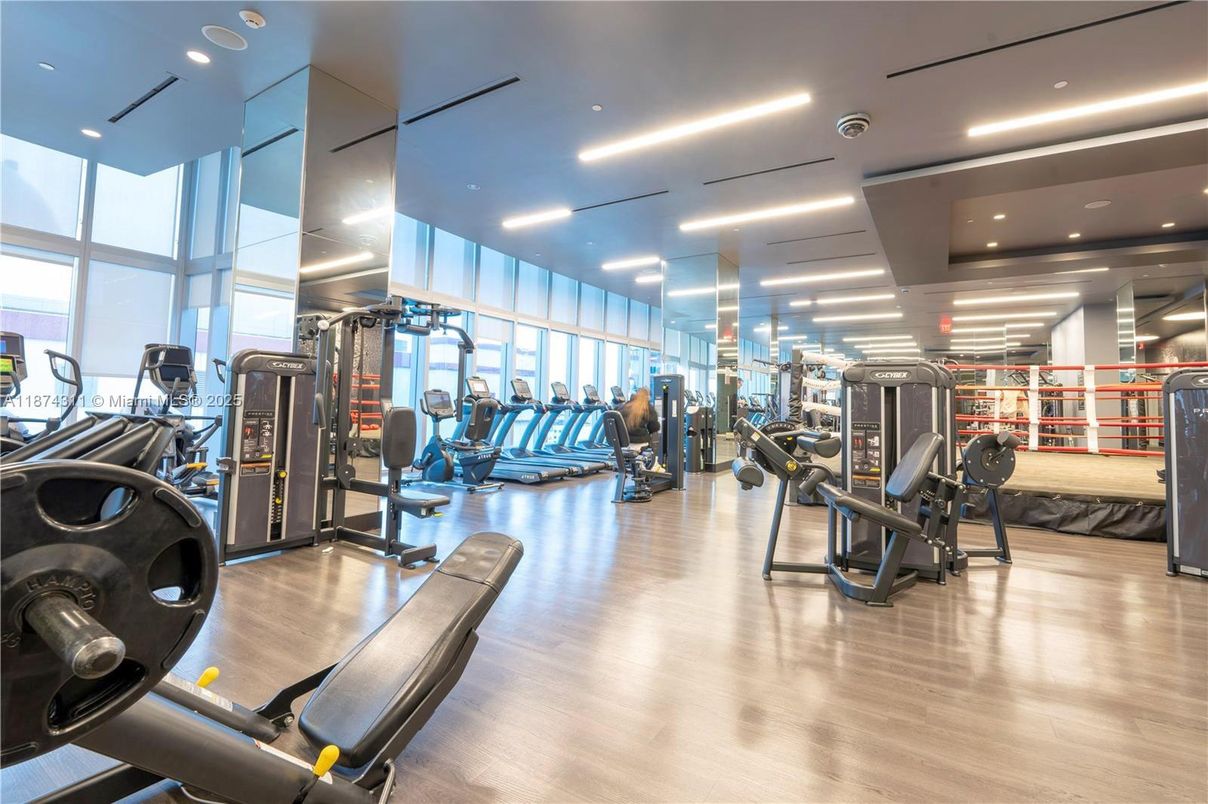 Fitness Equipment, Gym, Interior, Recessed Lighting, Wood Texture Flooring