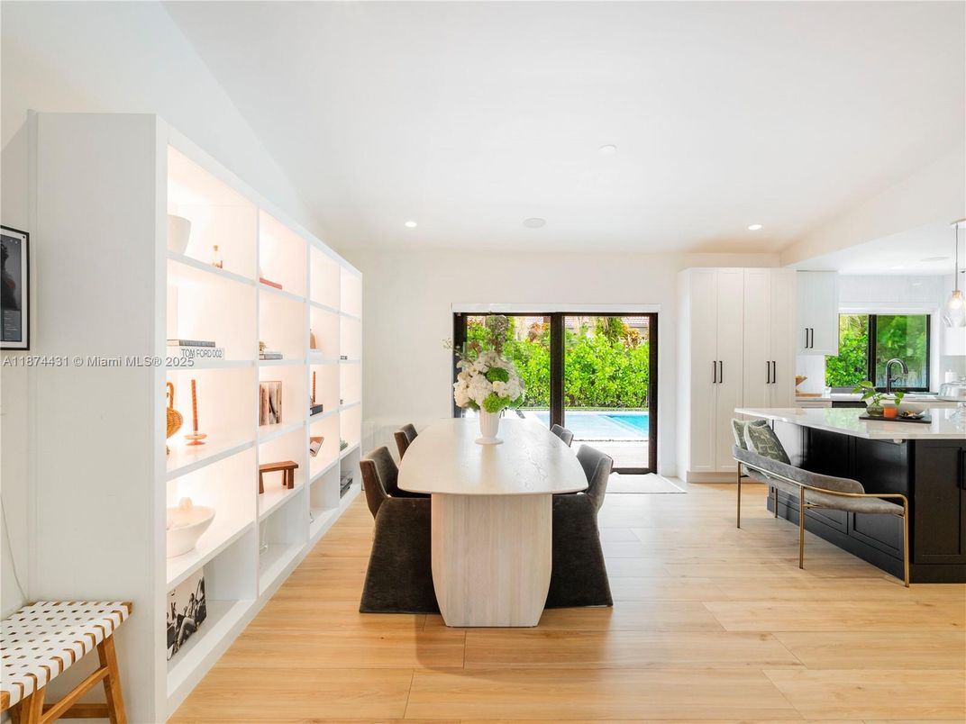 Dining room, Interior, Pendant Lights, Recessed Lighting, Wood Texture Flooring
