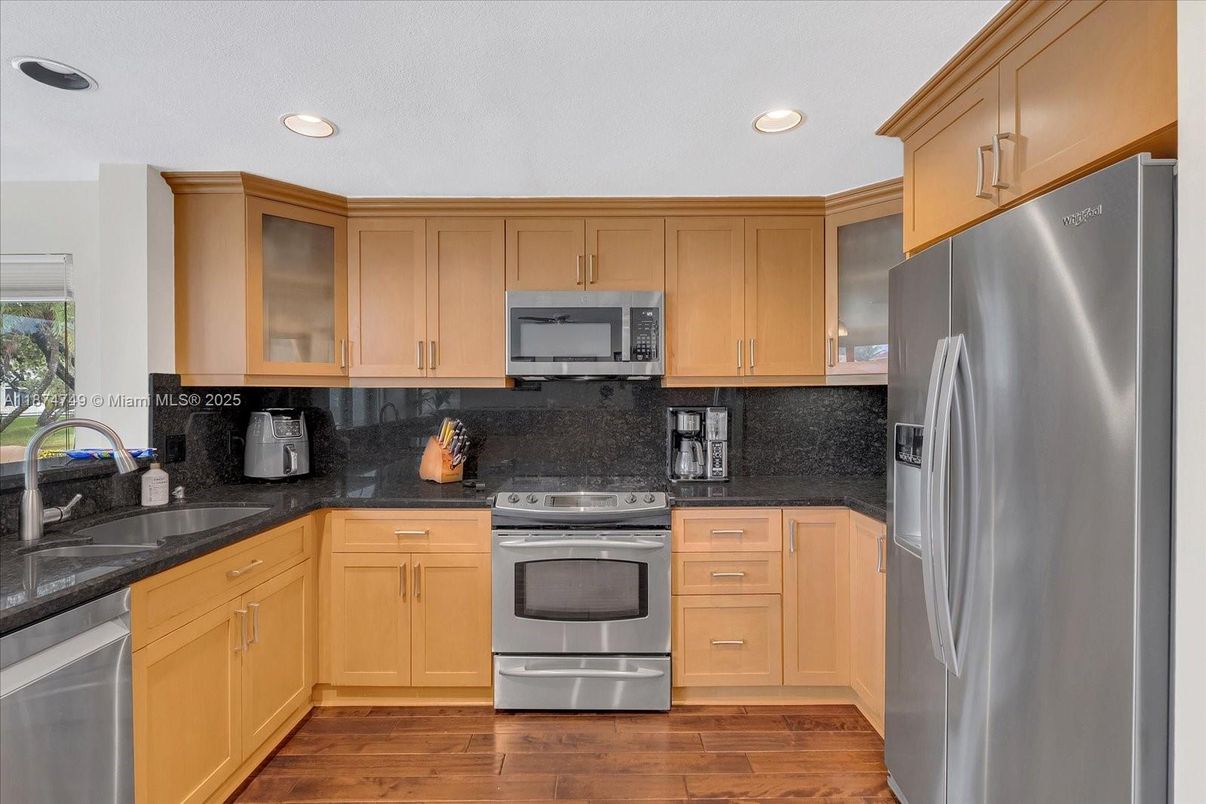 Interior, Kitchen, Recessed Lighting, Stainless Steel Appliances, Wood Texture Flooring
