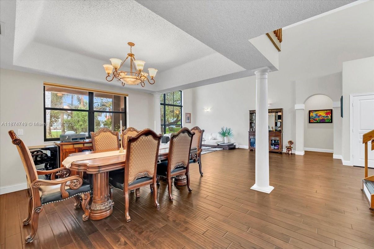 Chandelier, Dining room, Interior, Wood Texture Flooring