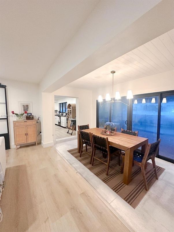 Dining room, Interior, Pendant Lights, Wood Texture Flooring