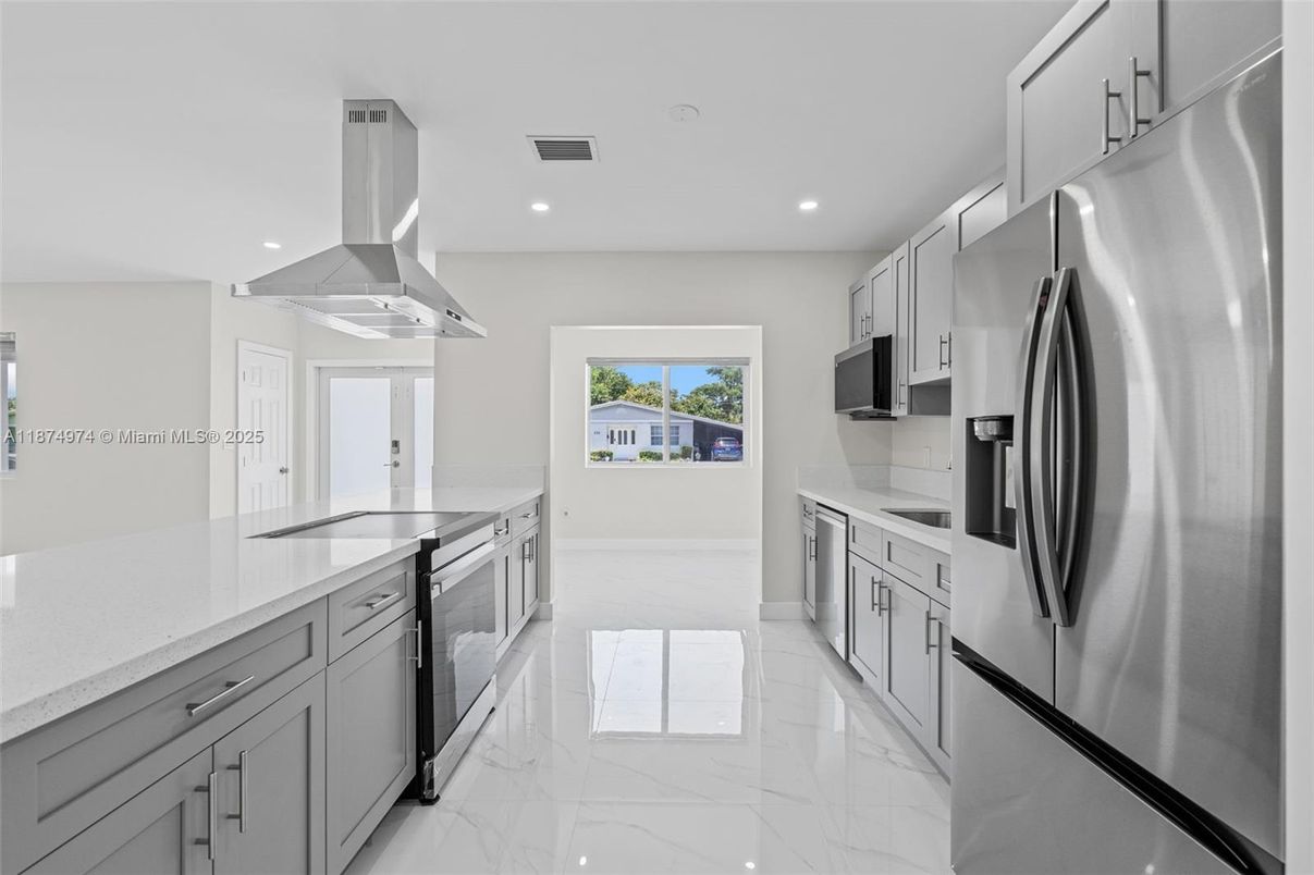 Interior, Kitchen, Marble, Recessed Lighting, Stainless Steel Appliances