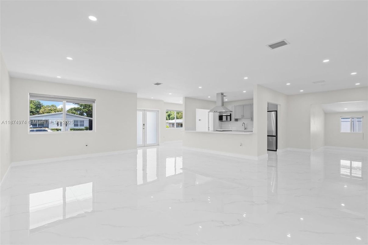 Empty room, Interior, Kitchen, Marble, Recessed Lighting, Stainless Steel Appliances