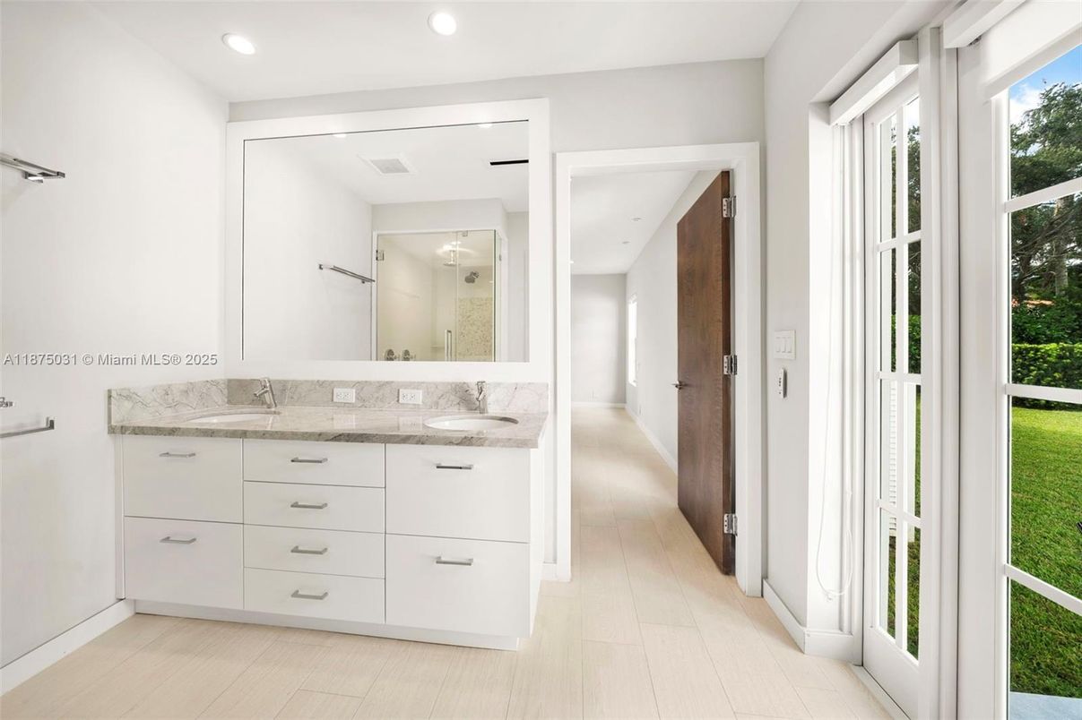 Bathroom, Dual Sink Vanities, Interior, Recessed Lighting, Wood Texture Flooring